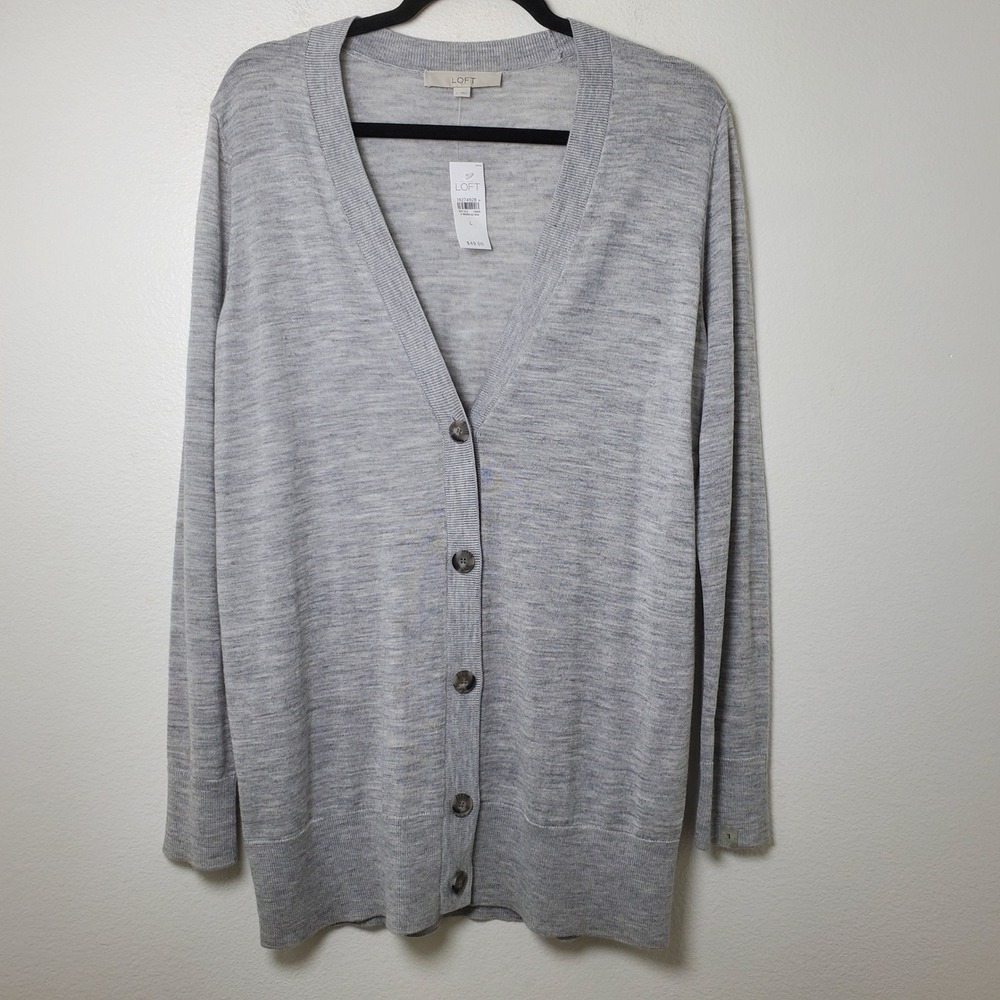 LOFT Womens Heathered Gray Cardigan Wool Blend Knit Button Up Sweater Size Large - Picture 10 of 10